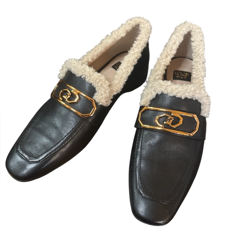 Louise et cie Black faux Leather shearling Loafers with Gold Buckle Accent 7